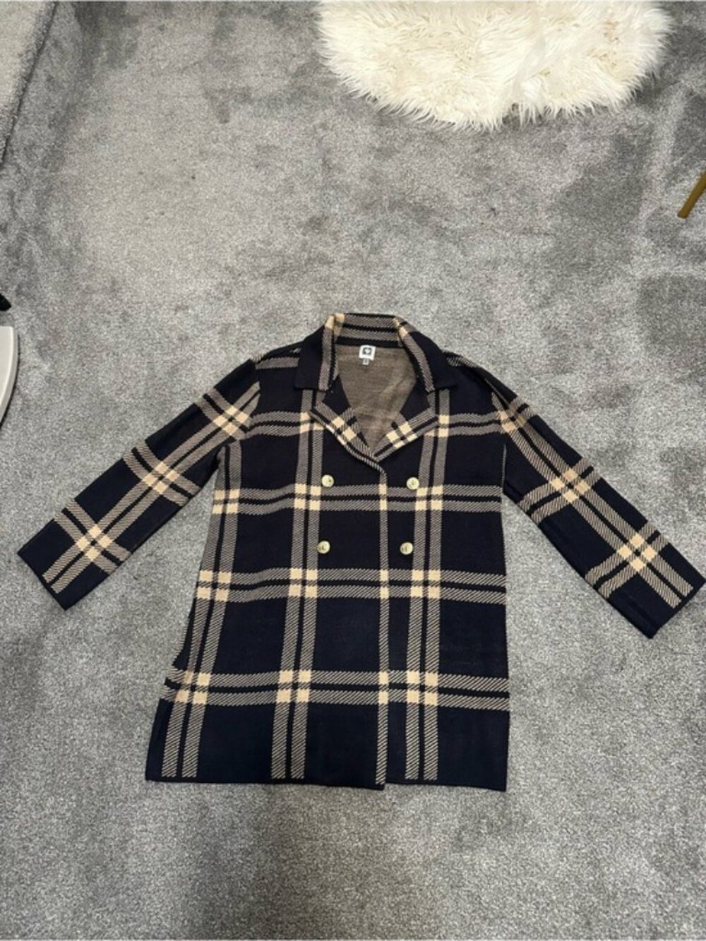 Anne Klein XL Plaid Cardigan Coat Navy Tan Gold Button Old Money Preppy Fall - Picture 3 of 13
